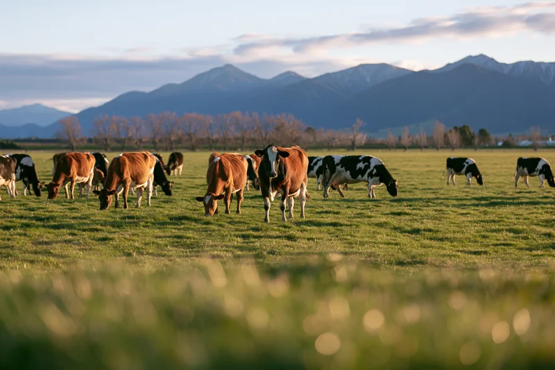 Herd of brown and black-and-white dairy cows grazing in a grassy pasture with mountains in the background