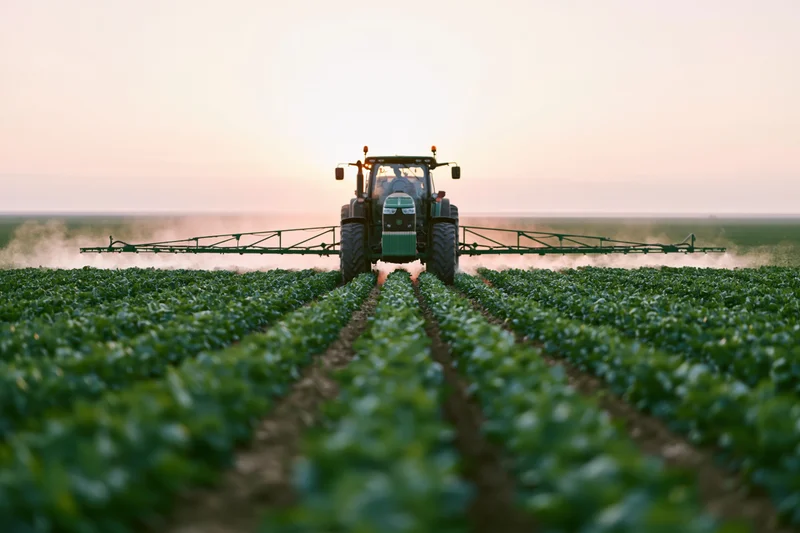 Tractor with extended boom sprayer moving through rows of green crops in a field at sunset