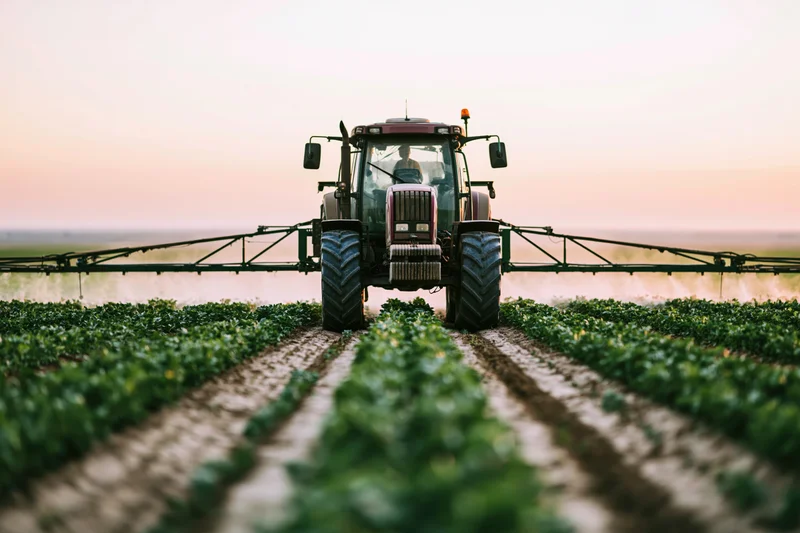 Large tractor with extended boom sprayer moving through rows of crops in a field at dusk
