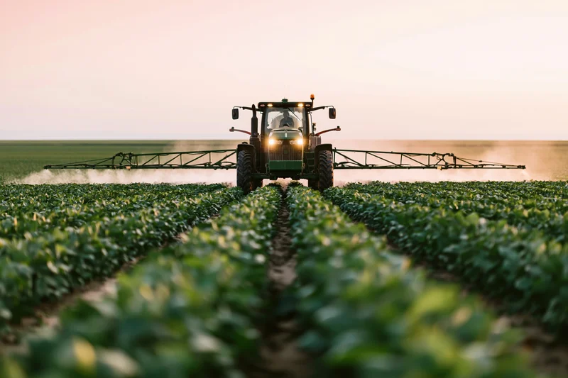 Tractor with boom sprayer moving through rows of green crops in a field at dusk