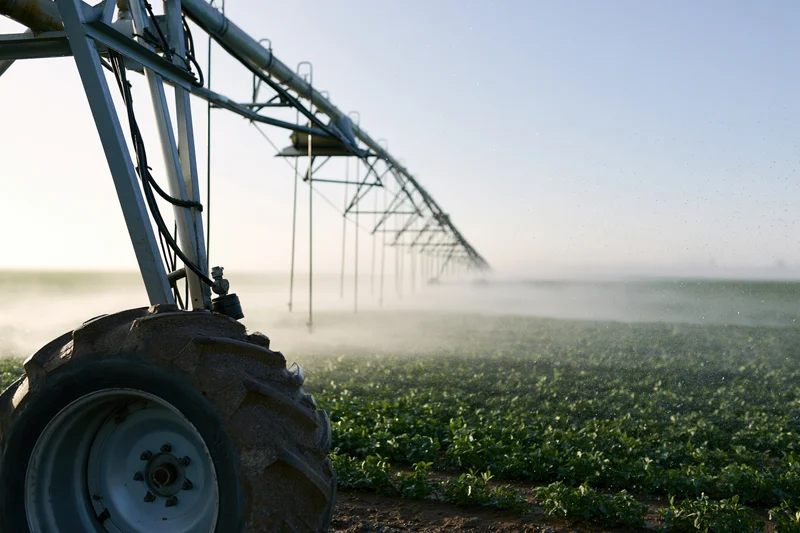Center-pivot irrigation system spraying water across a green crop field