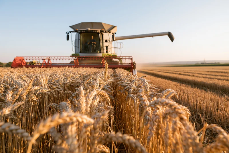 Combine harvester harvesting golden wheat in a rural field at sunset