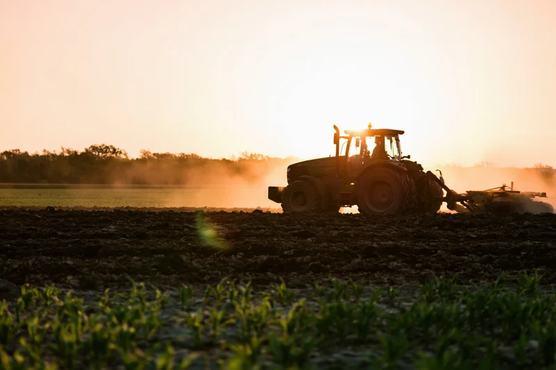 Tractor plowing a field at sunset with young crops in foreground