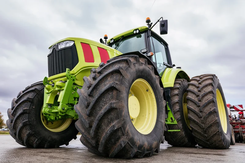 Large modern green agricultural tractor parked outdoors on asphalt under cloudy sky
