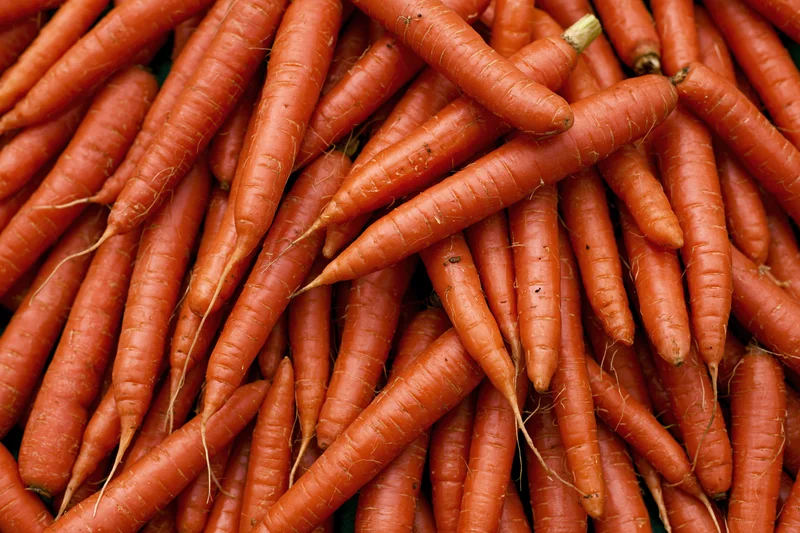 A pile of fresh whole carrots filling the frame
