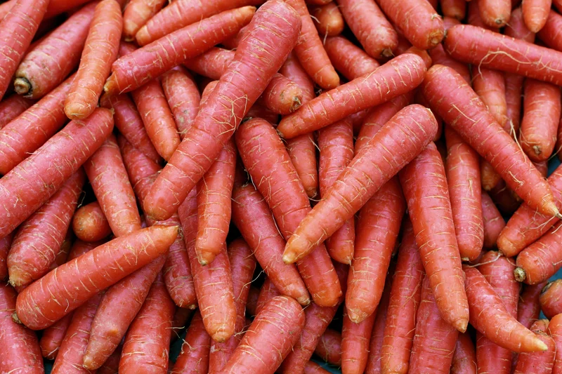 A large pile of fresh whole carrots filling the frame