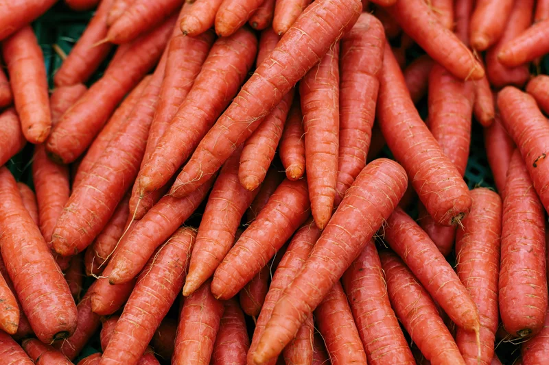 A large pile of fresh whole carrots filling the frame