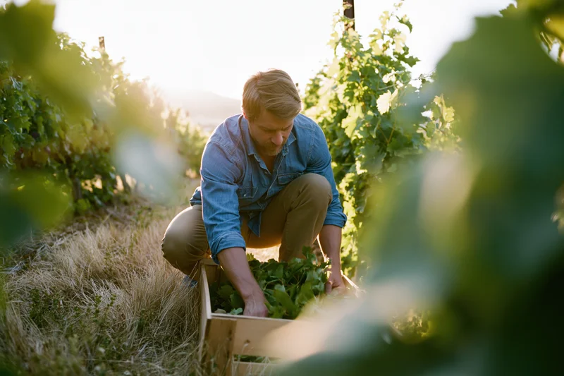 Man crouching between vineyard rows hand-picking grapes into a wooden crate