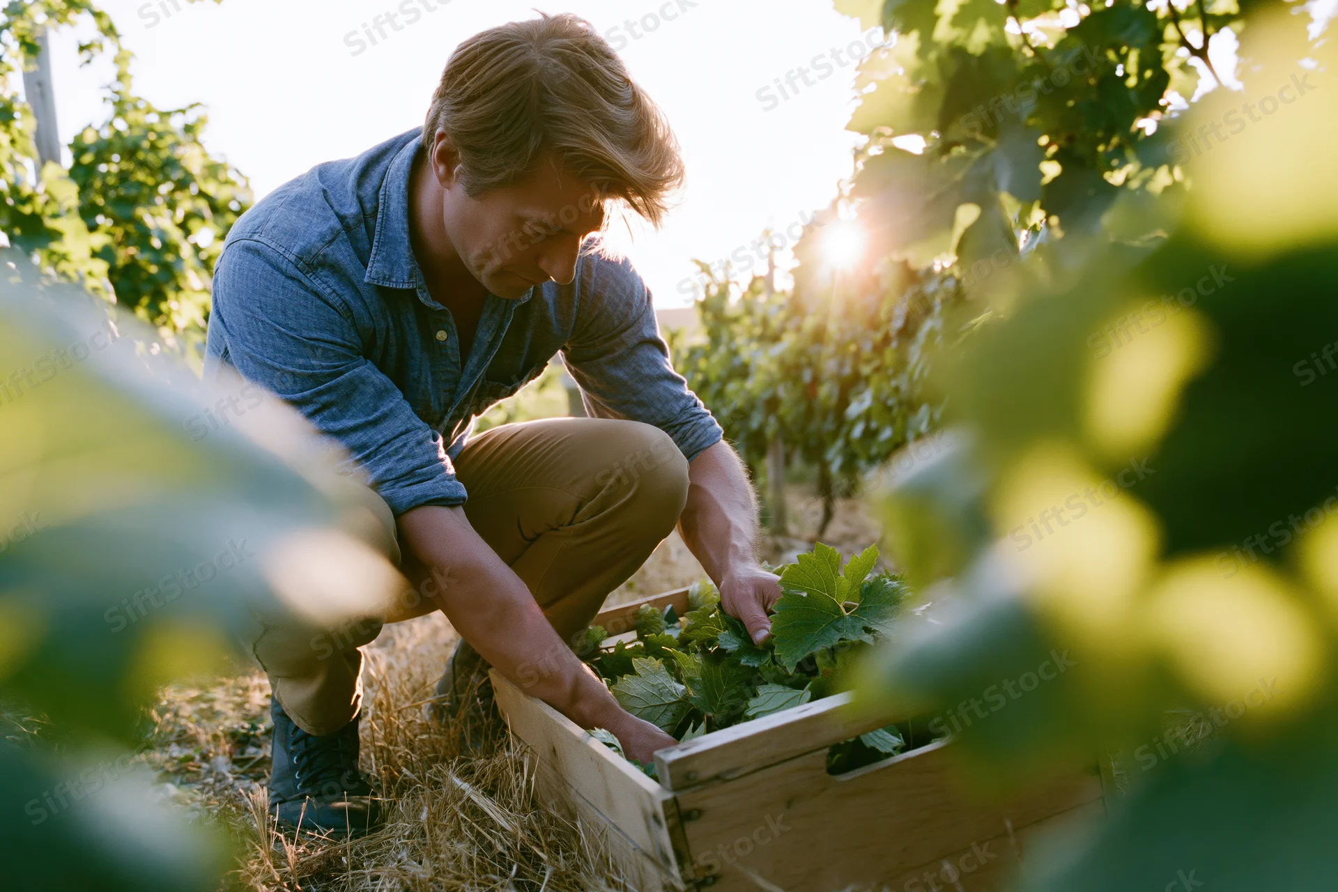 Man crouching between vineyard rows hand-picking grapes into a wooden crate
