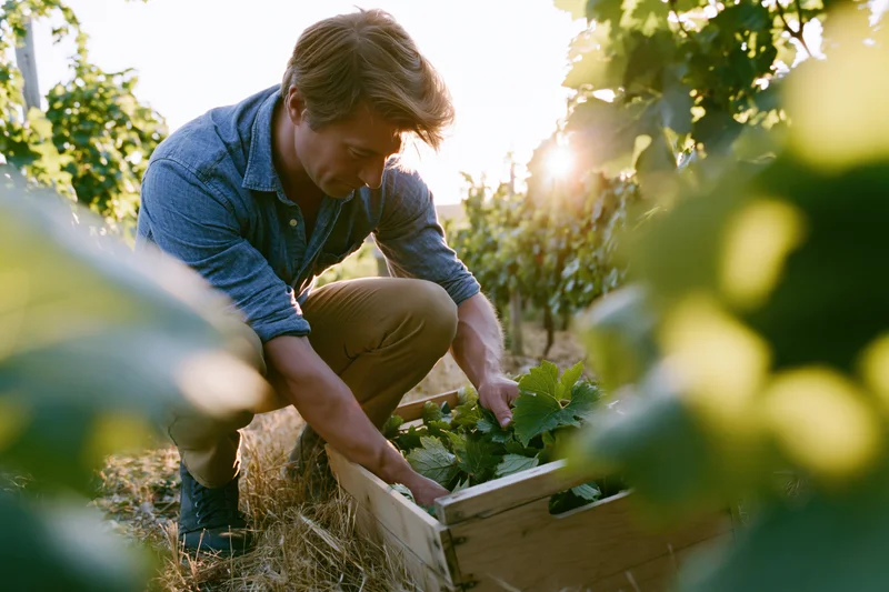 Man crouching between vineyard rows hand-picking grapes into a wooden crate