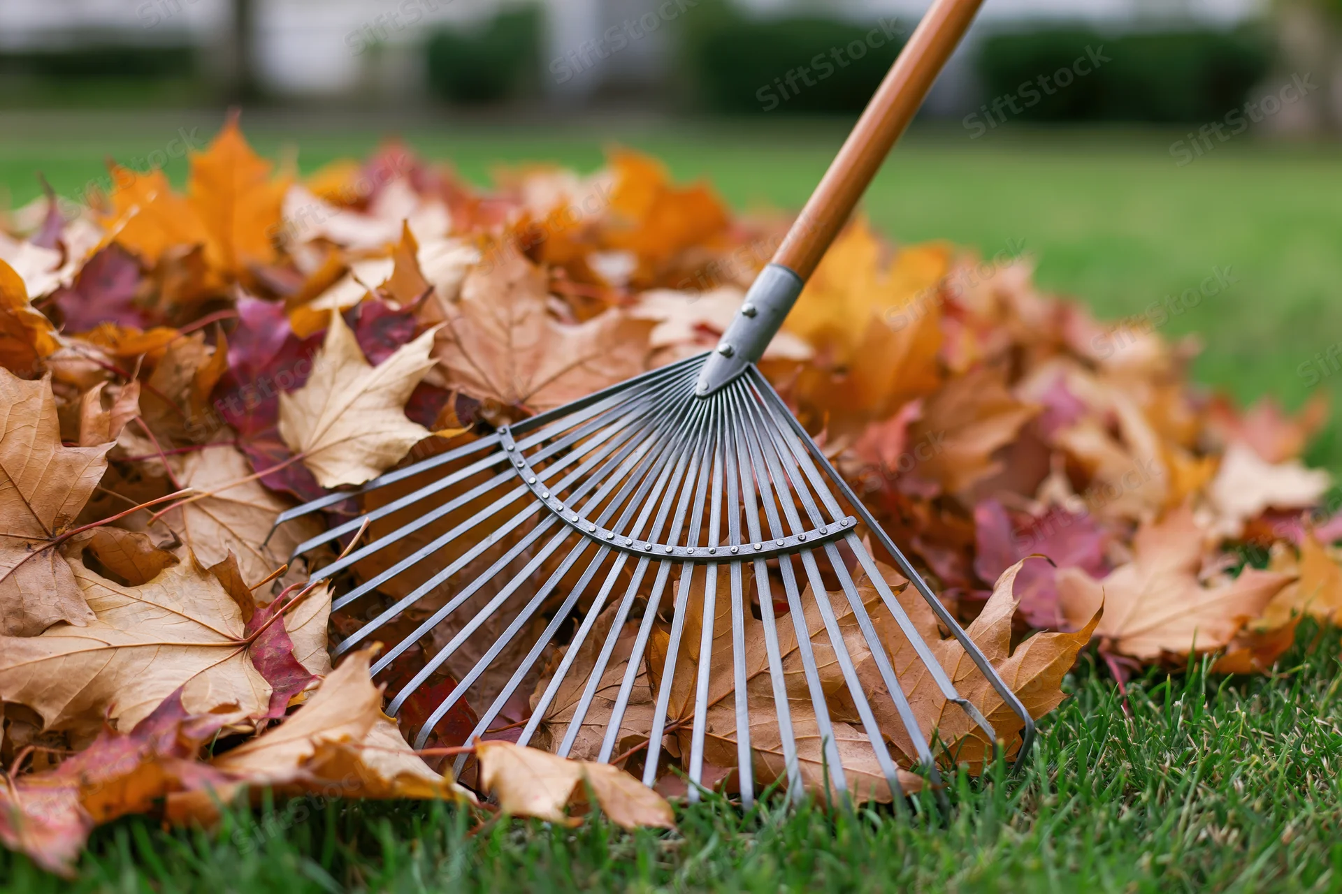 Metal fan rake resting against a pile of fallen autumn leaves on a green lawn