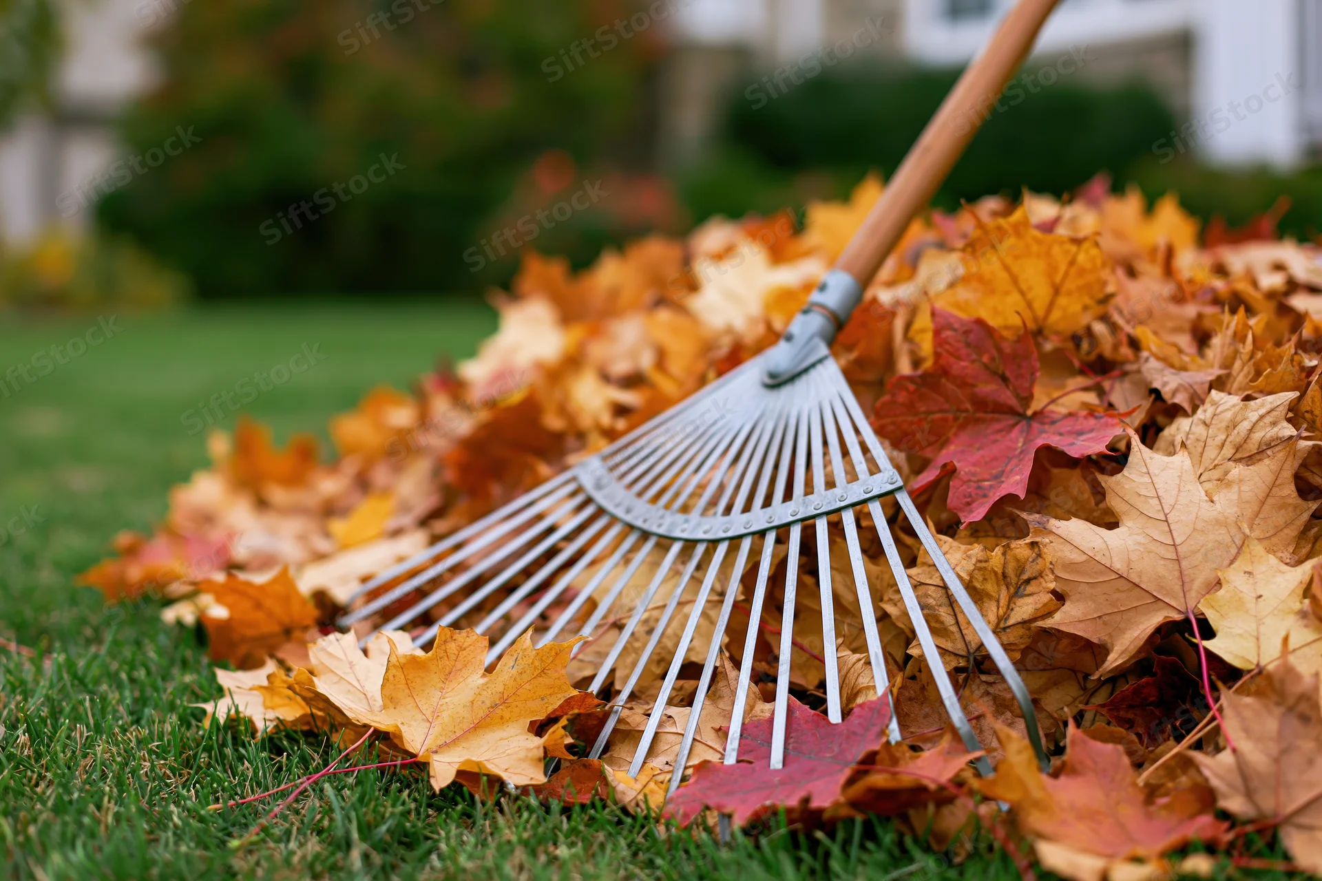 Metal fan rake resting against a pile of fallen autumn leaves on a green lawn