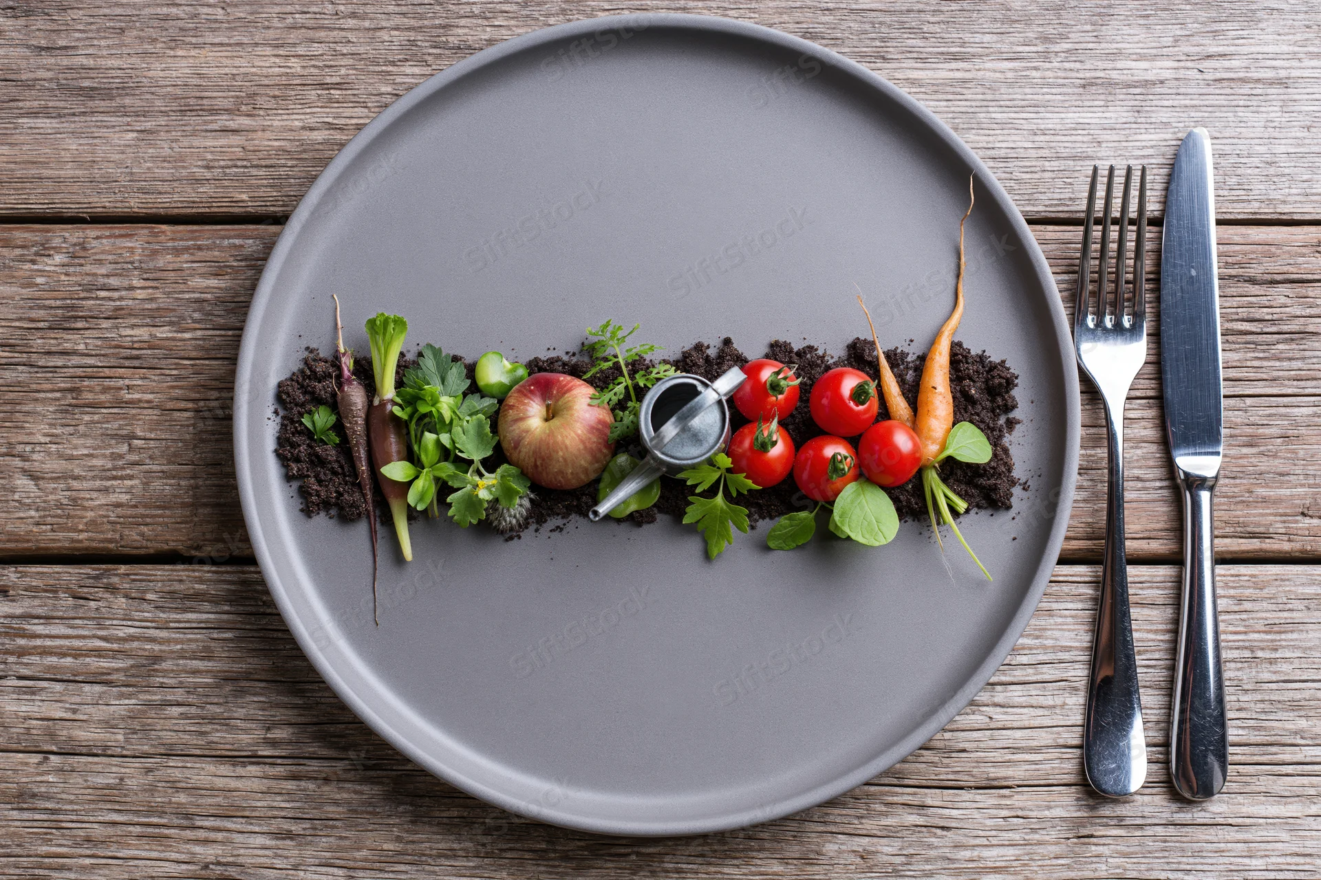 Miniature garden scene arranged on a matte grey ceramic plate with vegetables and herbs on wooden table
