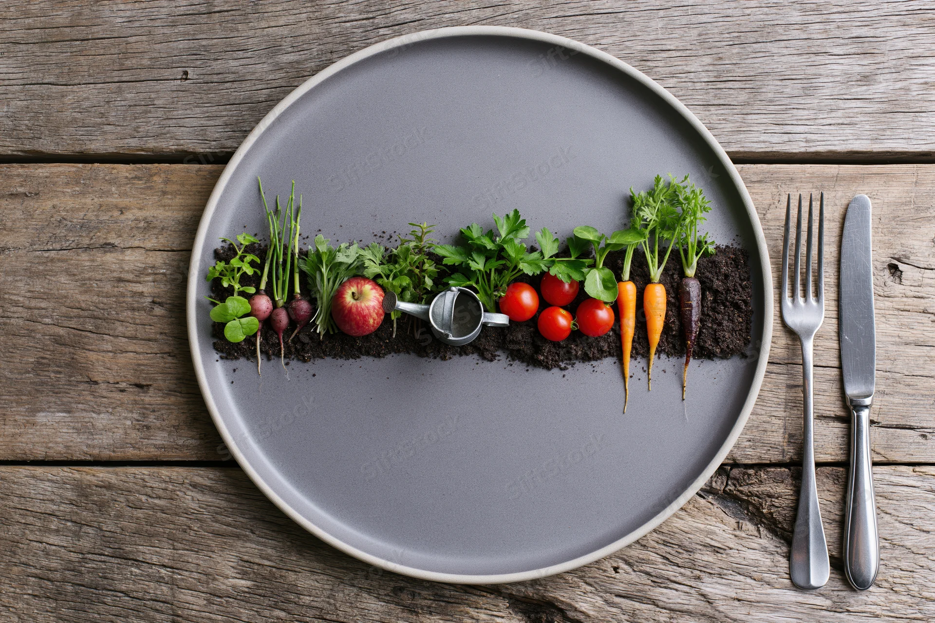 Miniature garden with vegetables and soil arranged on a grey ceramic plate on a wooden table