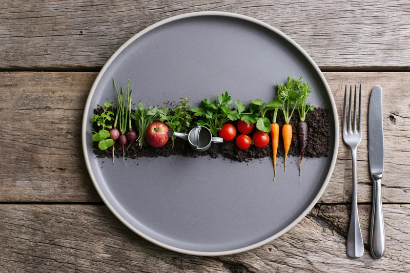 Miniature garden with vegetables and soil arranged on a grey ceramic plate on a wooden table
