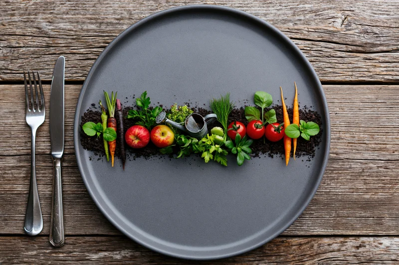 Miniature garden scene with vegetables and herbs arranged on a grey ceramic plate on a wooden table