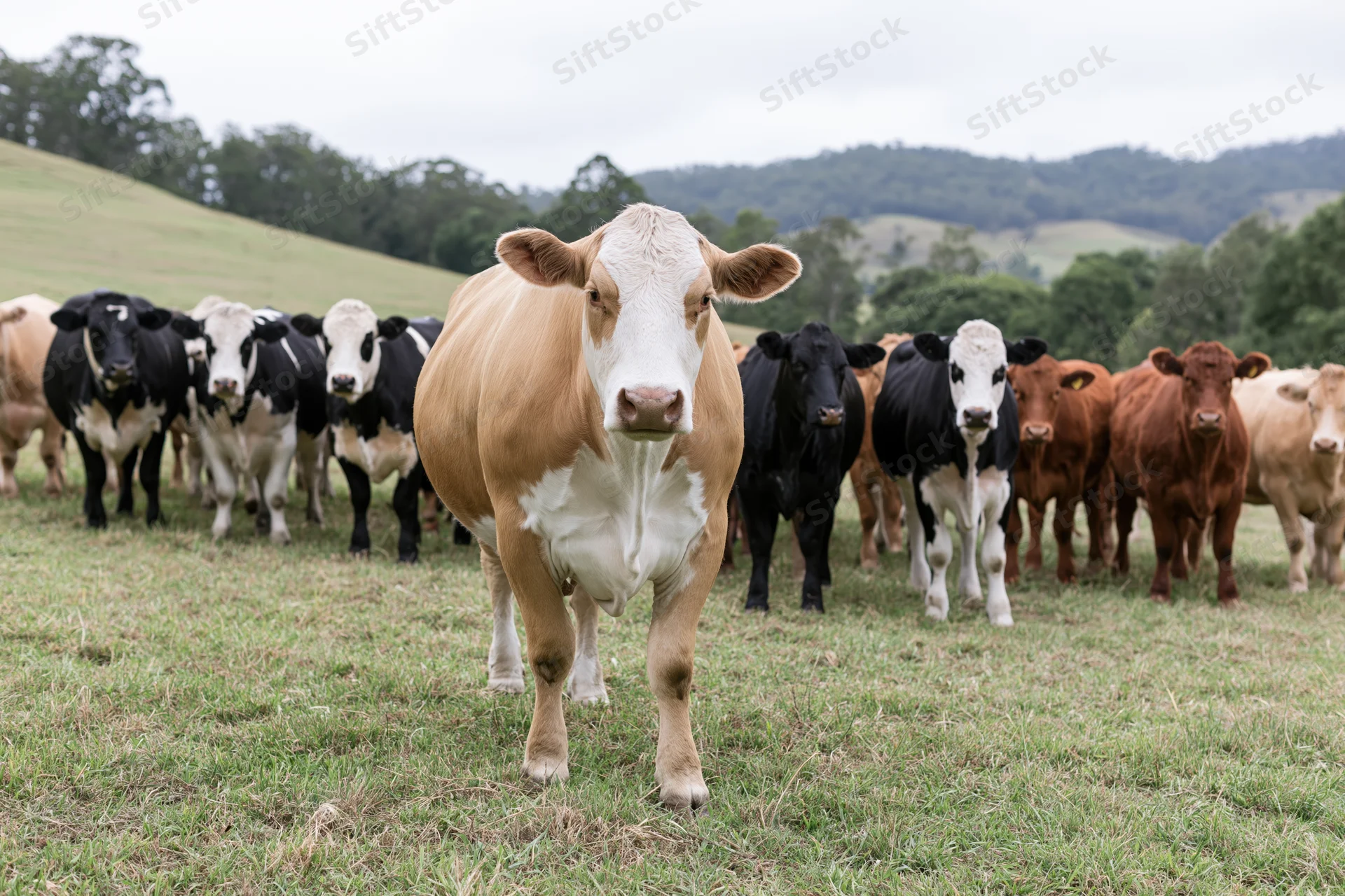 Mixed herd of cattle standing and grazing in an open pasture