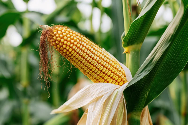 Ripe ear of corn partially husked on the stalk in a green field