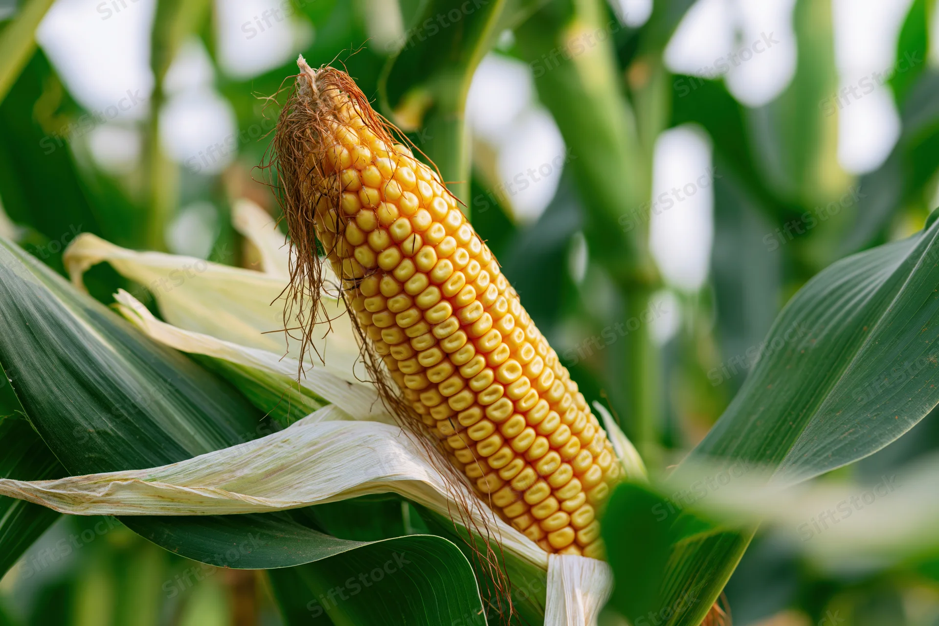 Ripe ear of corn partially husked on the stalk in a green field