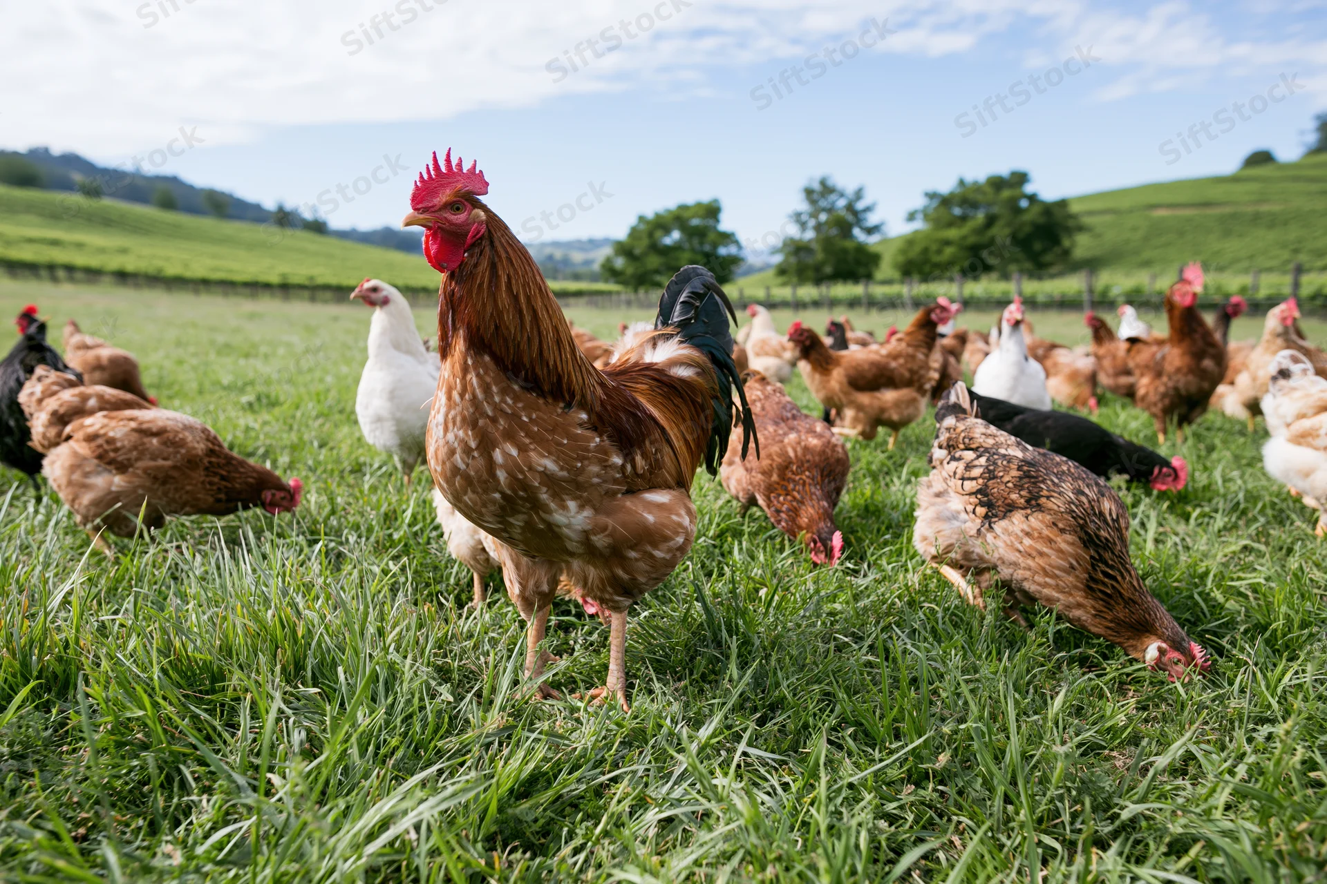 Rooster standing tall among free-range chickens grazing on a green pasture