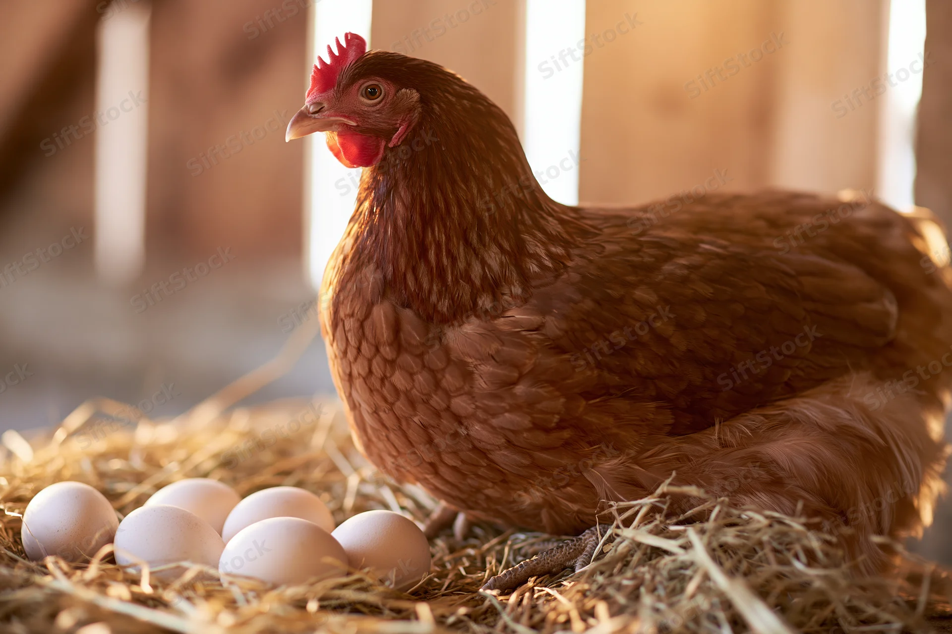 Russet-brown hen sitting alert on a straw nest filled with eggs in a barn setting
