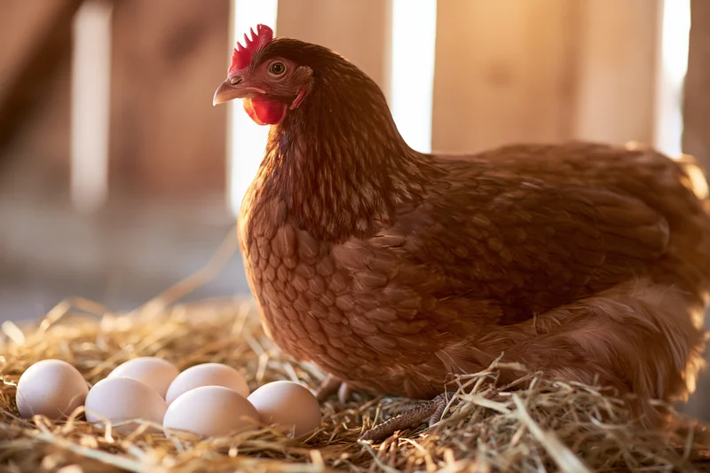 Russet-brown hen sitting alert on a straw nest filled with eggs in a barn setting