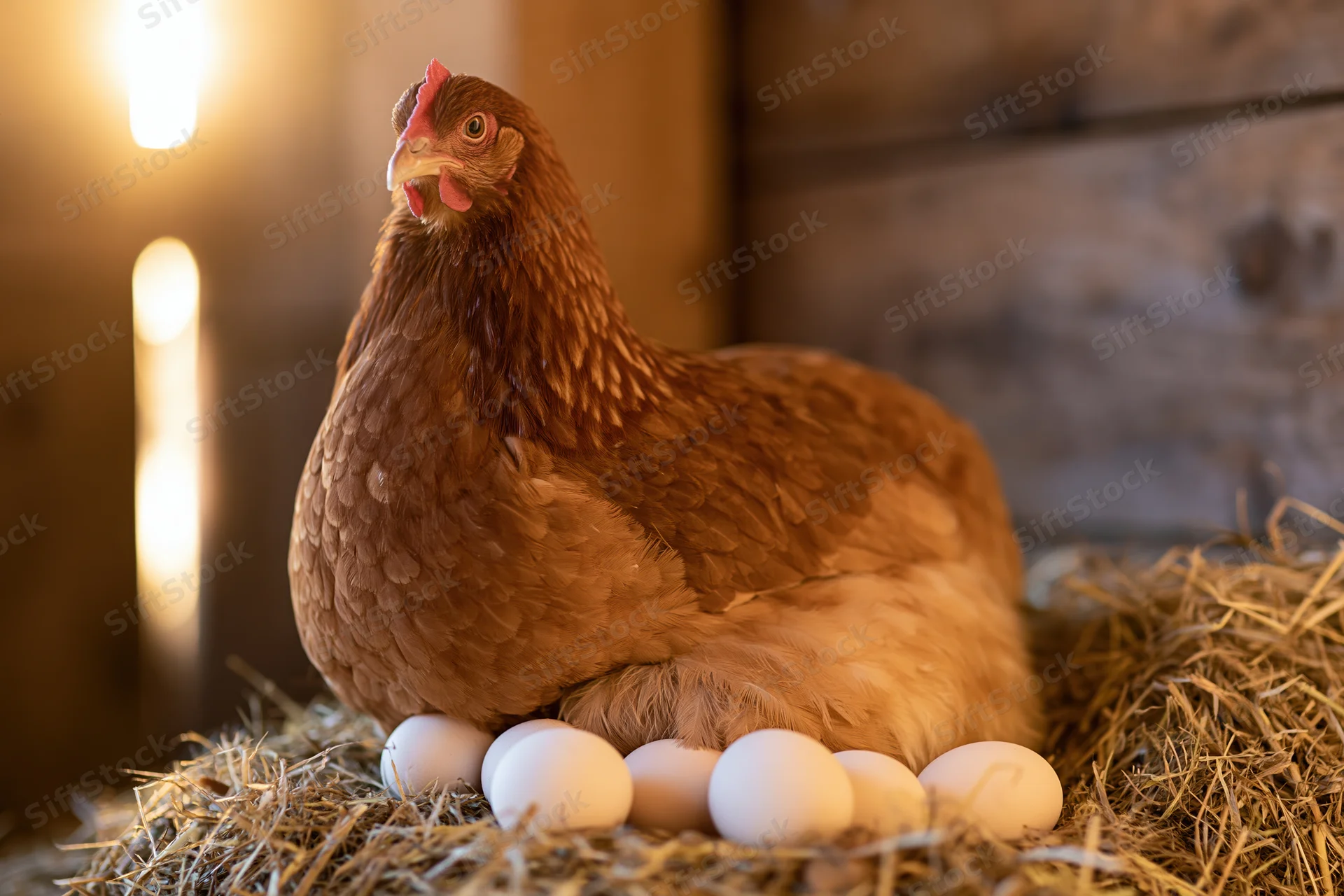 Russet-brown hen sitting alert on a straw nest filled with white eggs in a barn setting