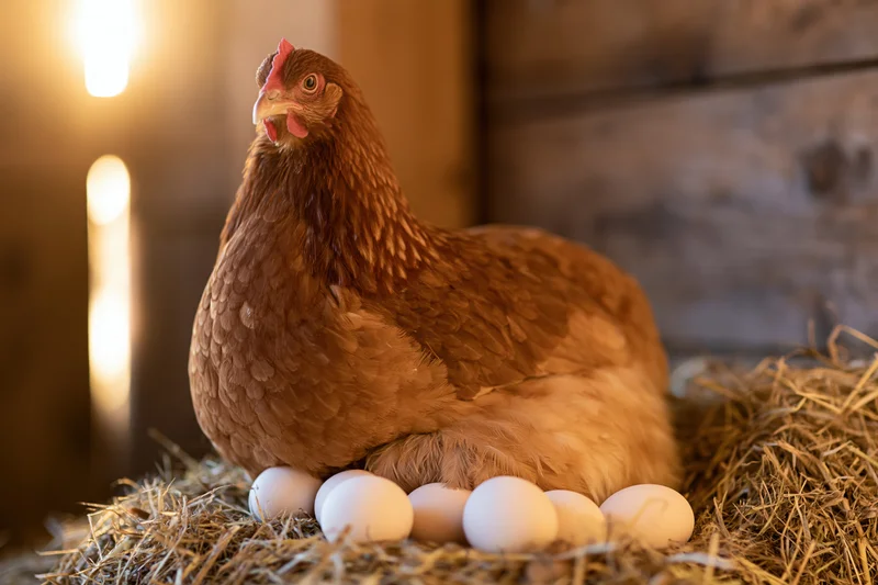 Russet-brown hen sitting alert on a straw nest filled with white eggs in a barn setting