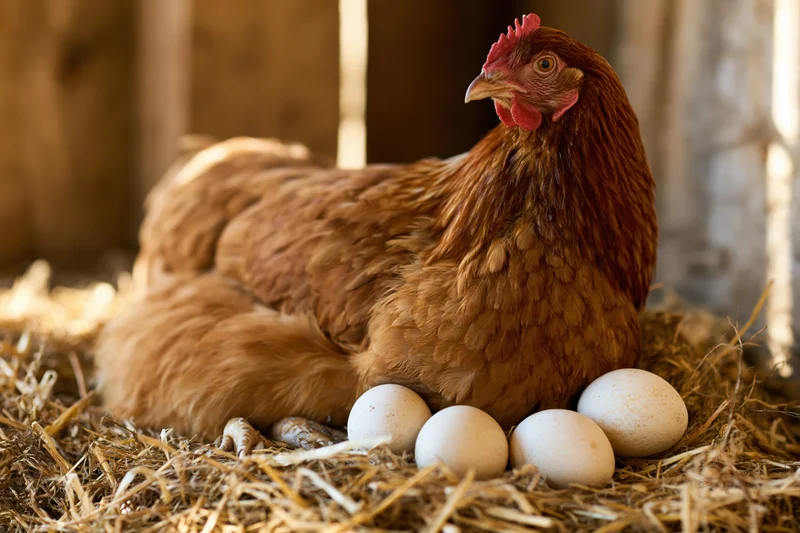 Russet-brown hen sitting alert on a straw nest with eggs in a barn setting