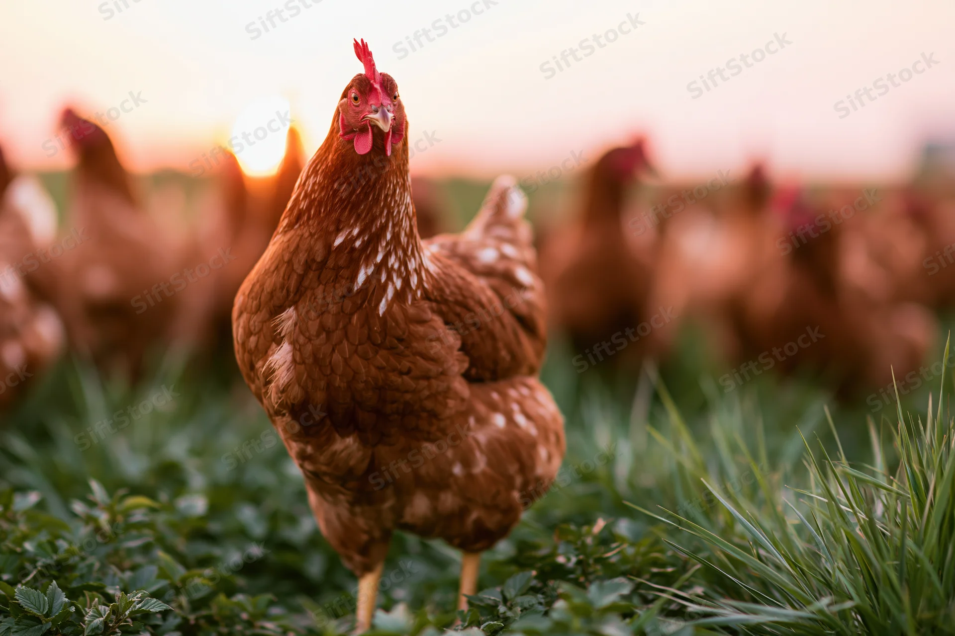 Alert rust-brown hen standing in lush green pasture at sunset