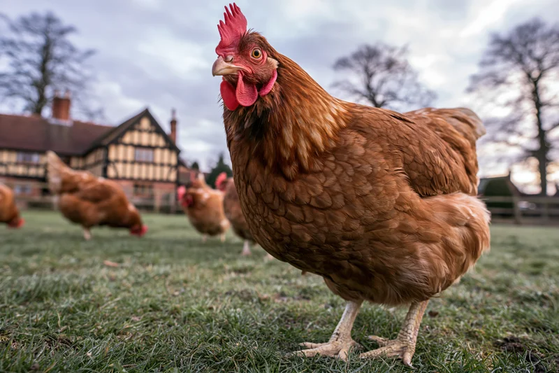 Rust-brown hen standing on grassy farmyard with other chickens and farmhouse in background