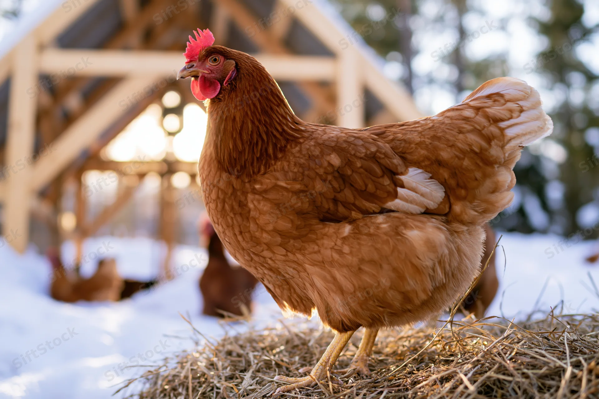 Rust-brown hen standing on hay bale outside wooden chicken coop in snowy rural setting