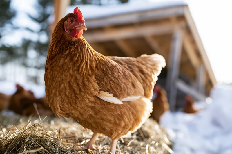 Rust-brown hen standing on hay bale outside wooden chicken coop in snowy rural setting