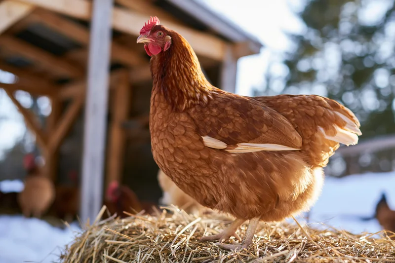 Rust-brown hen standing on hay bale outside wooden chicken coop in snowy rural setting
