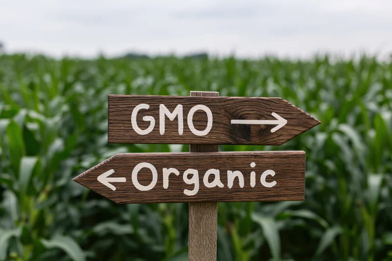 Wooden directional signpost with gmo and organic arrows in a cornfield