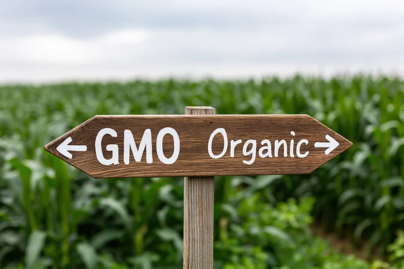 Wooden directional sign with gmo and organic labels pointing in opposite directions in a cornfield