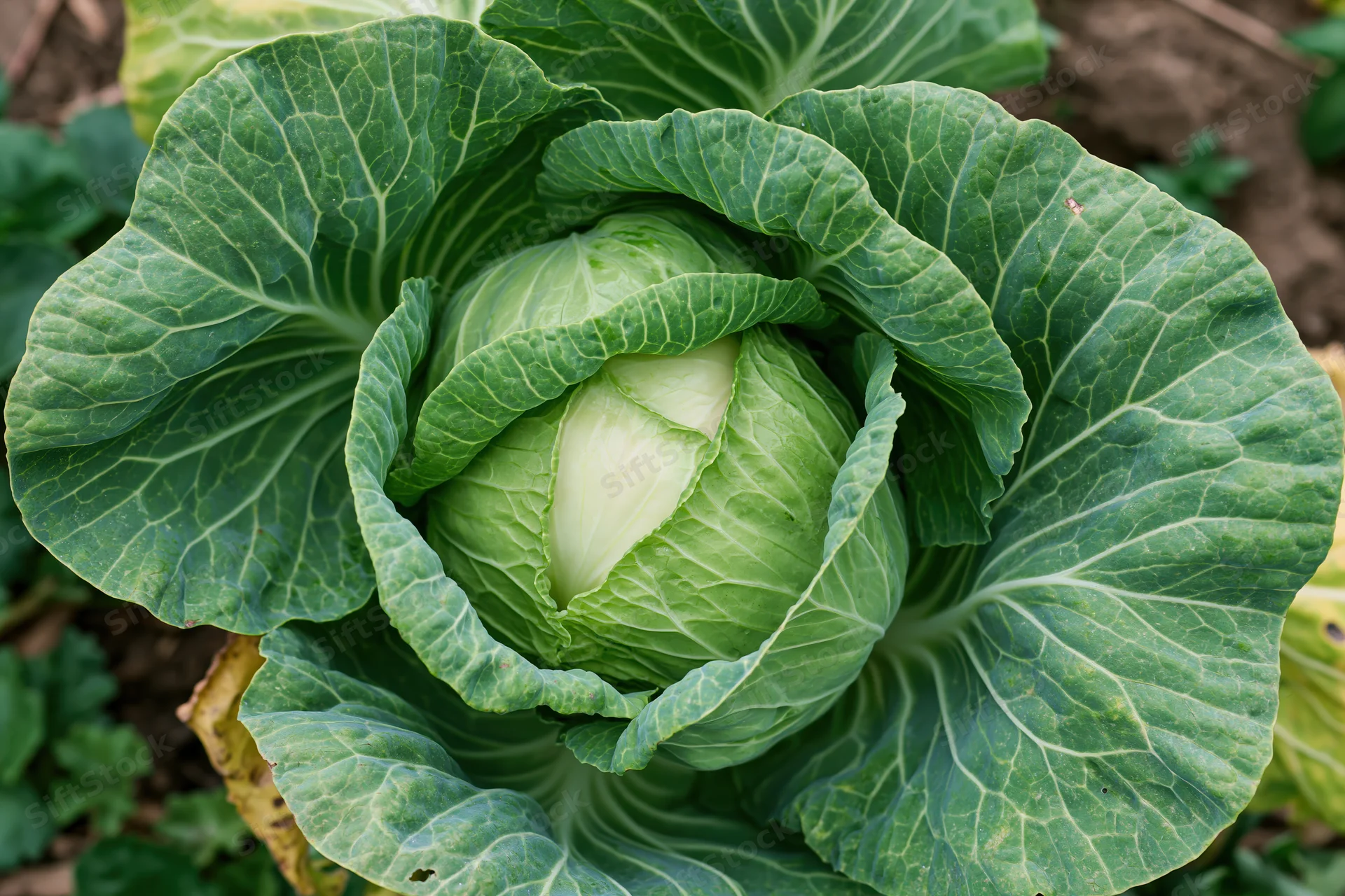 Green cabbage head growing in a garden with large outer leaves surrounding the core