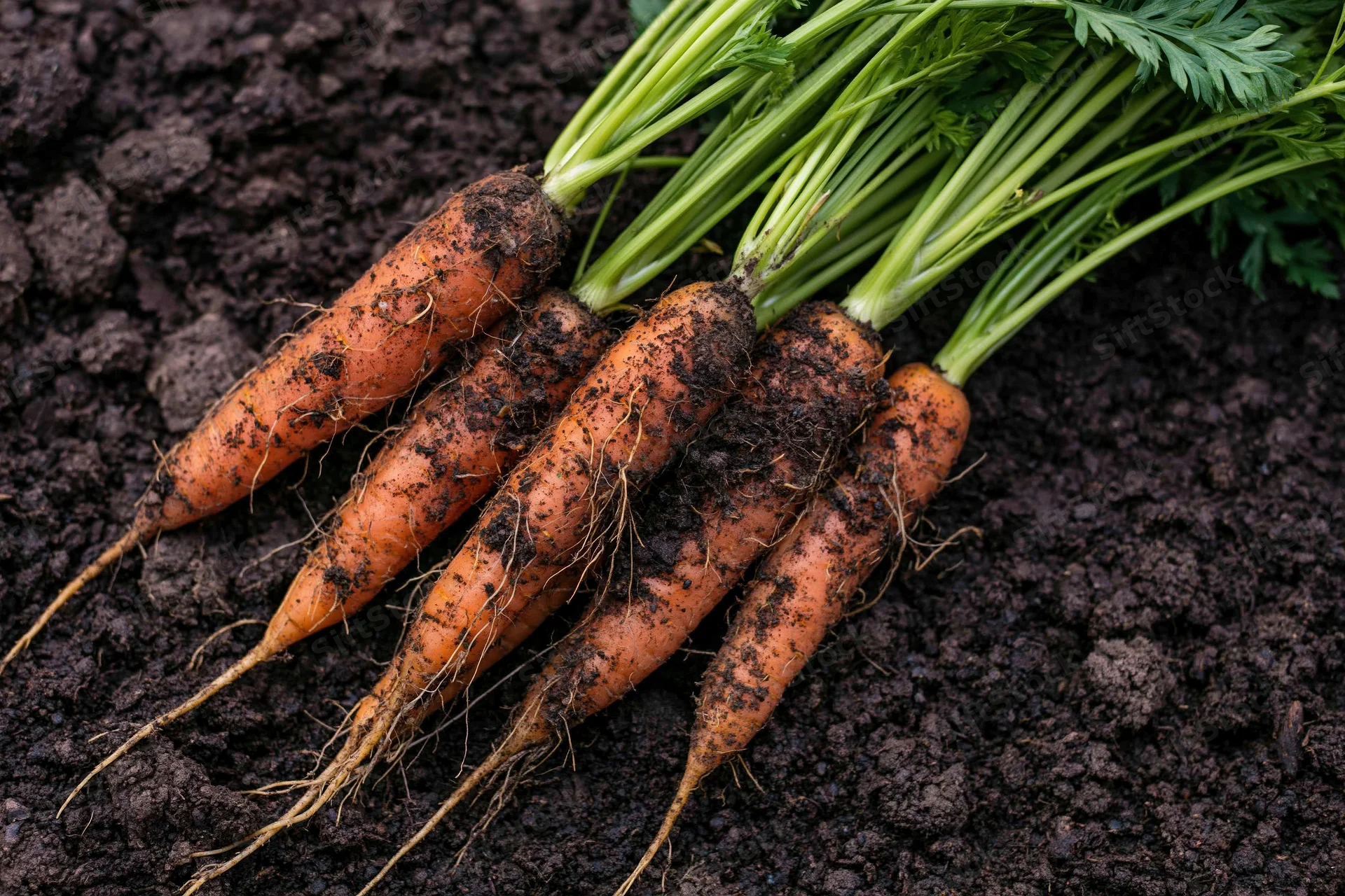 Freshly harvested carrots with green tops resting on dark soil