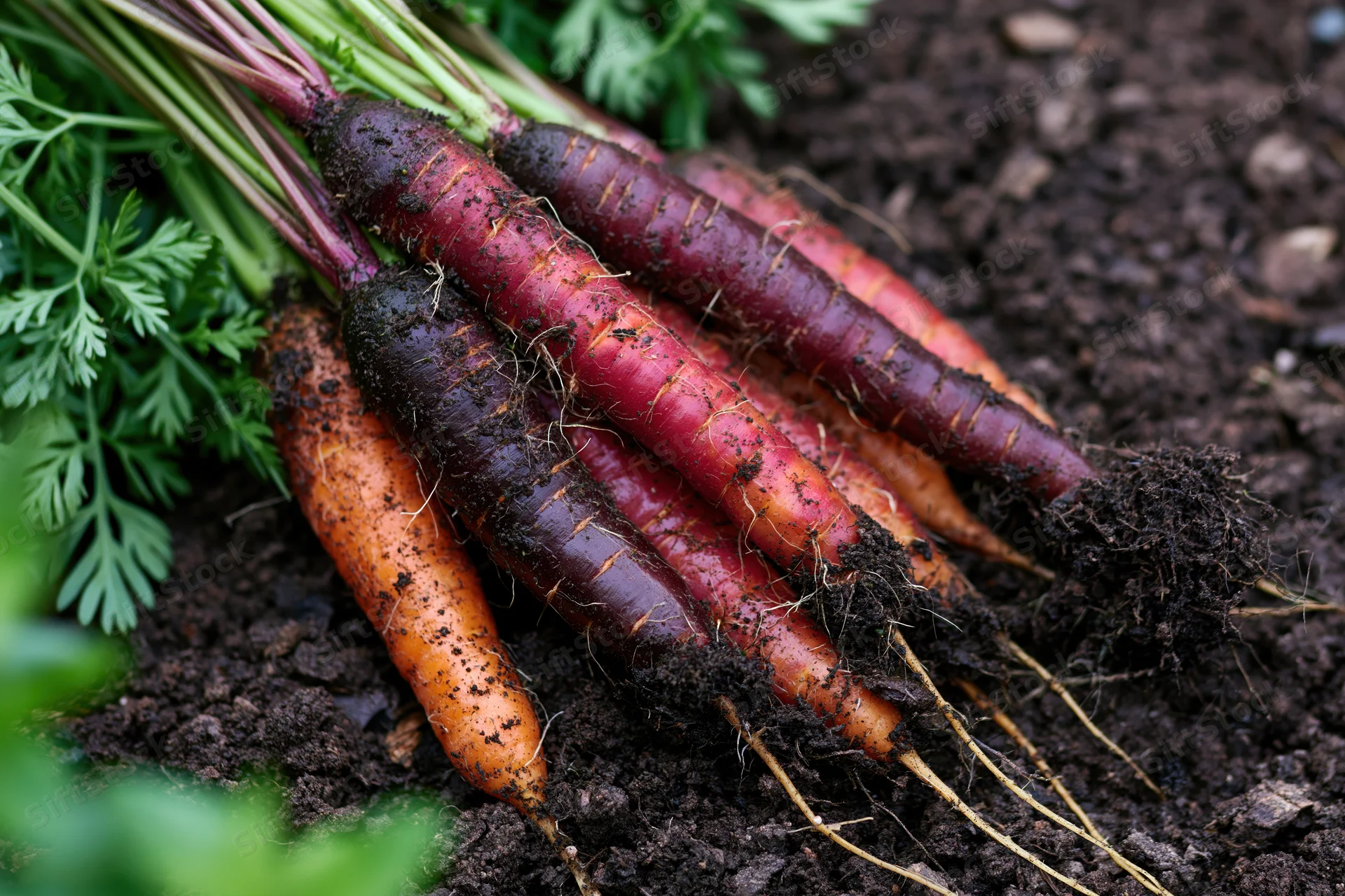Freshly harvested rainbow carrots with soil and green tops resting on dark earth in a garden bed