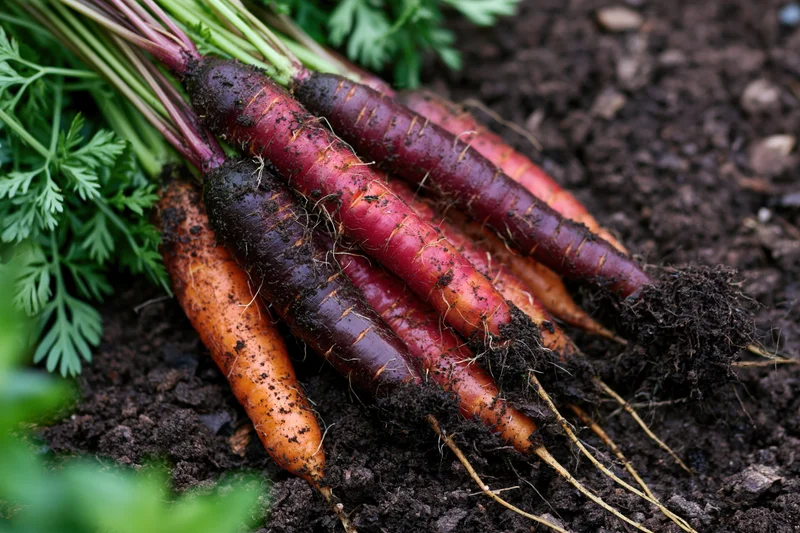 Freshly harvested rainbow carrots with soil and green tops resting on dark earth in a garden bed