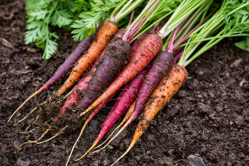 Small bunch of freshly harvested rainbow carrots deep purple