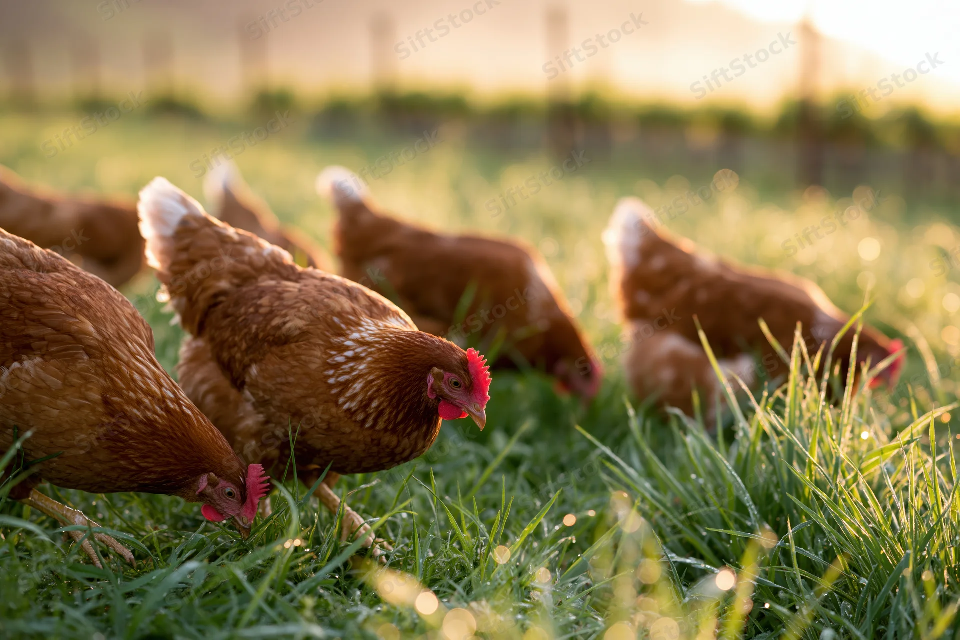Brown hens foraging in green grass on a farm at dawn