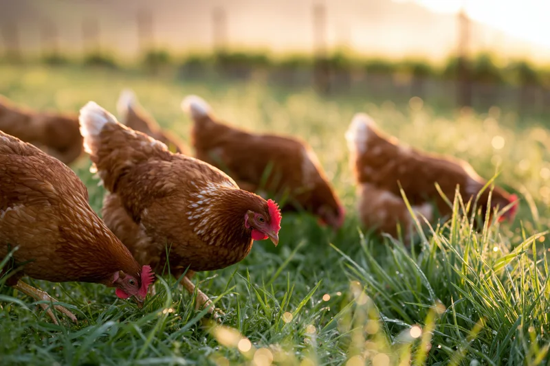 Brown hens foraging in green grass on a farm at dawn