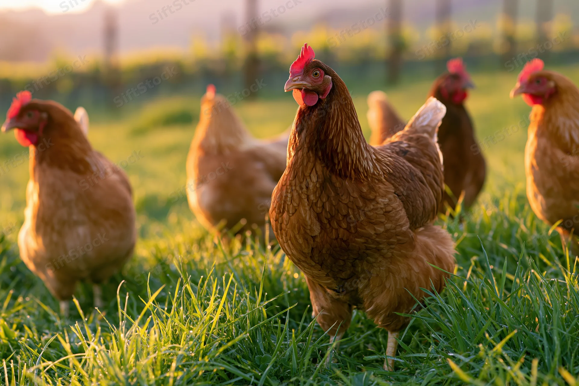 Brown hens foraging in lush green pasture at golden hour
