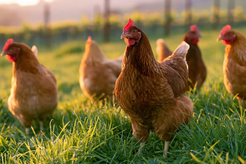 Brown hens foraging in lush green pasture at golden hour