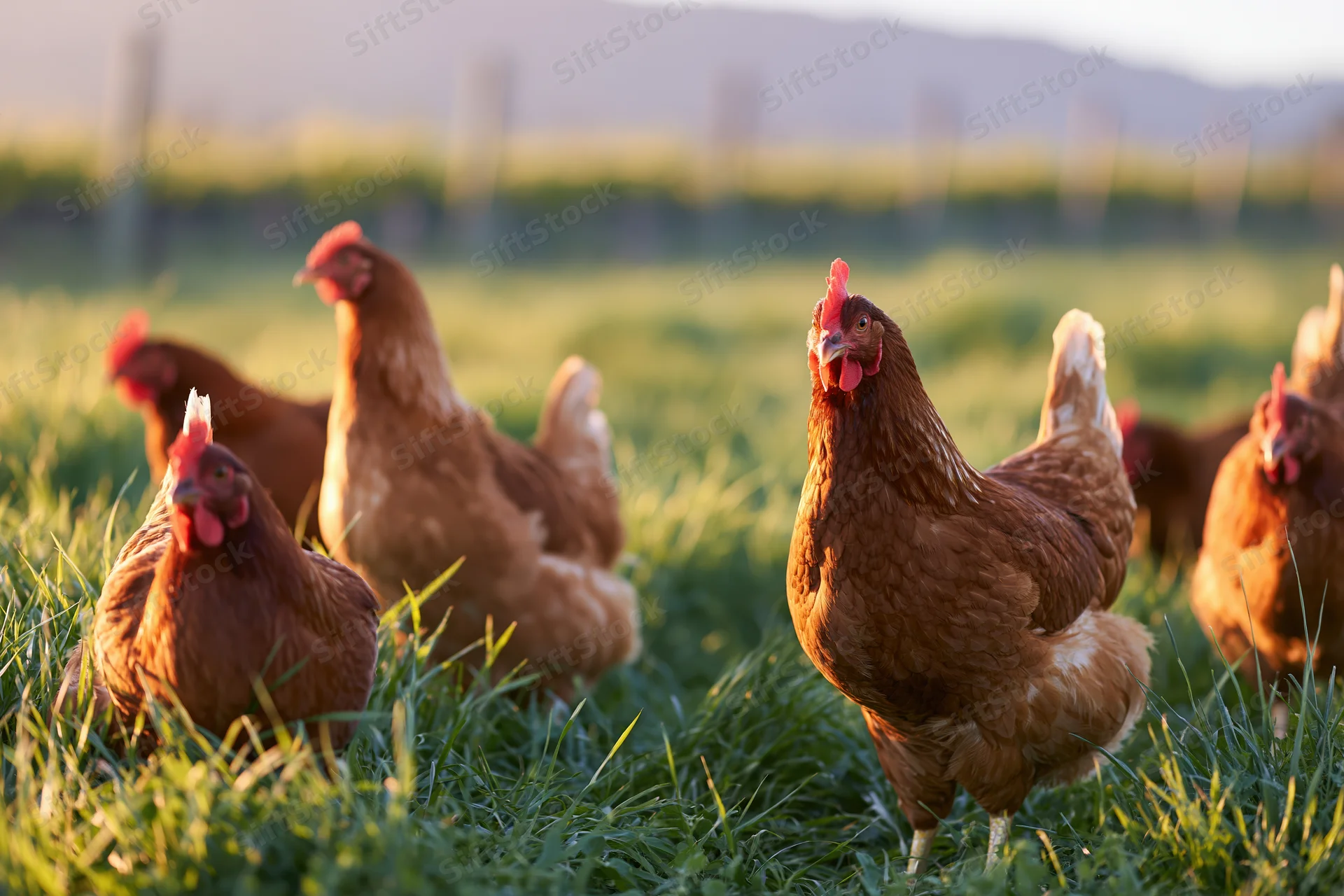 Brown hens foraging in a grassy field at golden hour