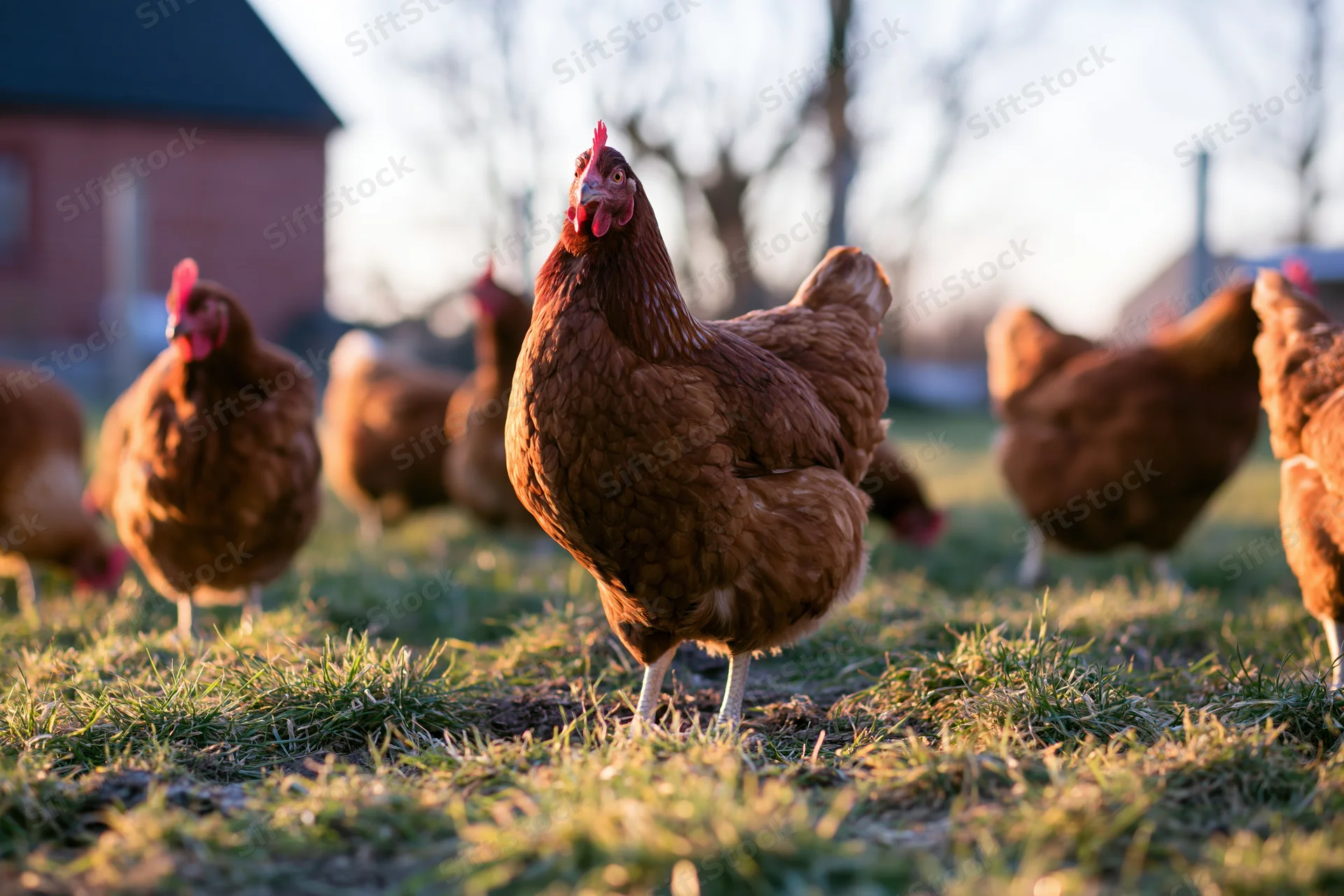 Rust-brown free-range hens pecking and foraging on grassy pasture near a barn