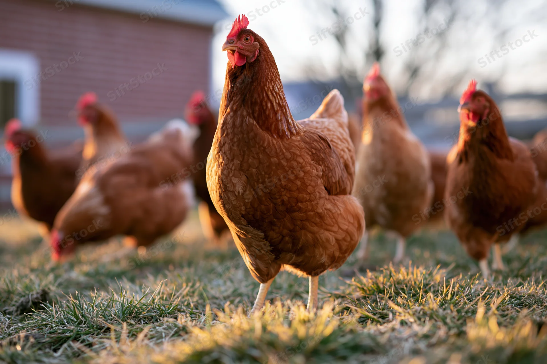 Free-range hens pecking and foraging on grass near a barn in a rural farm setting