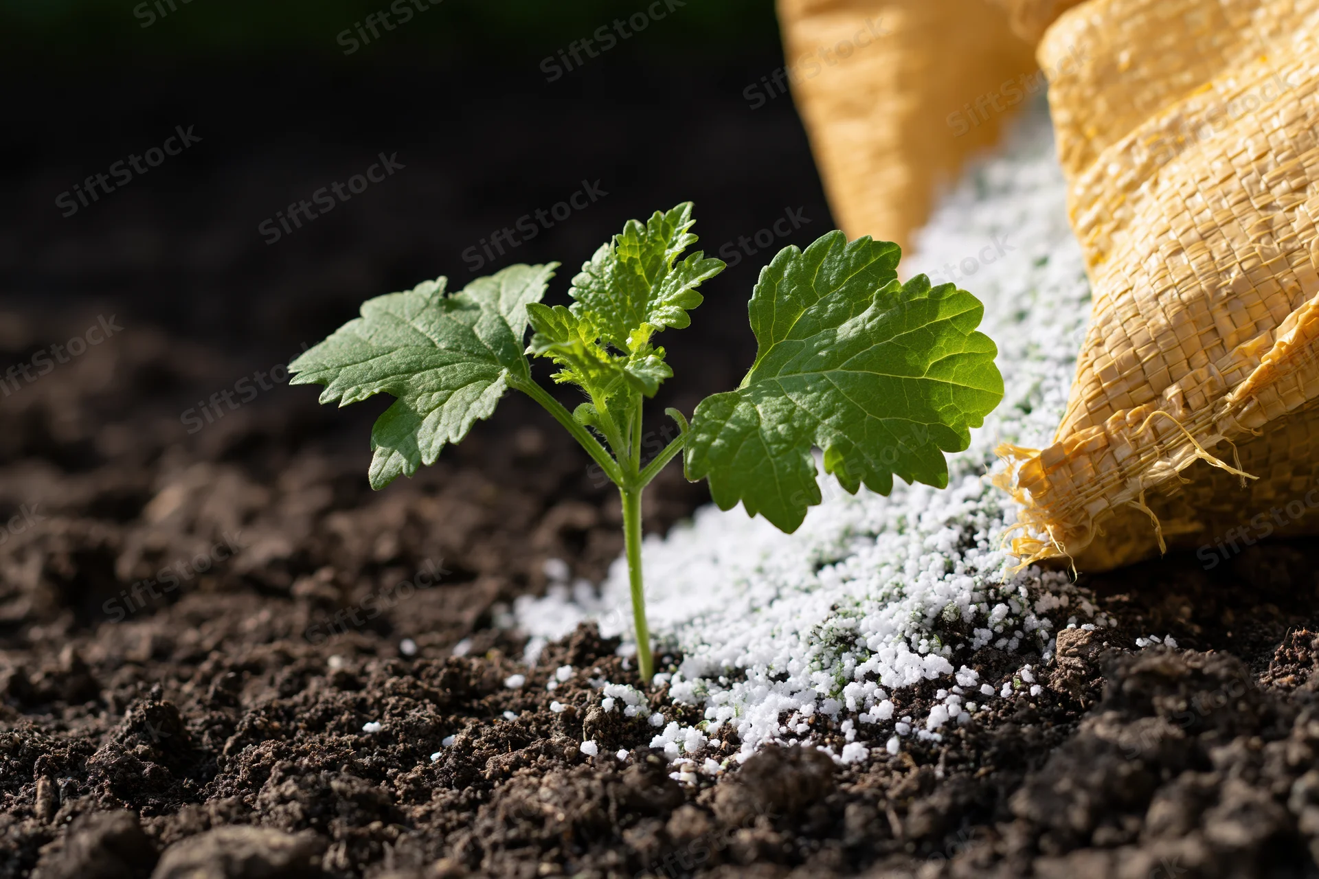 Small green seedling with lobed leaves growing in dark soil beside scattered white fertilizer granules from a burlap sack