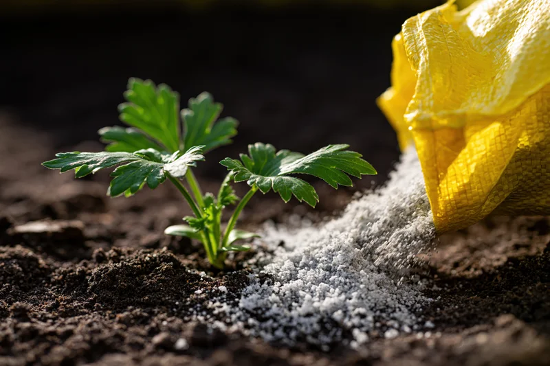 Small green seedling with lobed leaves growing in dark soil as white granular fertilizer is poured from a yellow bag beside it